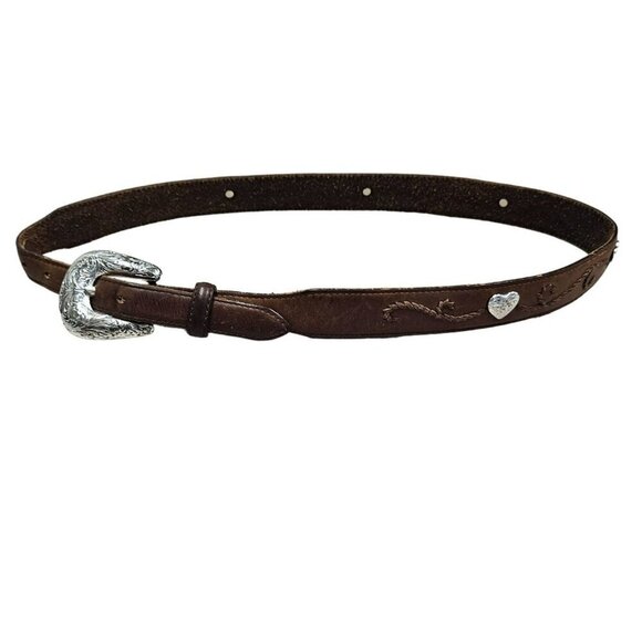 Tony Lama Rustic Leather Belt Embossed Heart Concho Accents Silver Buckle sz 30‎ - Picture 1 of 14